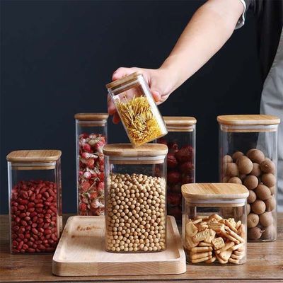 モダンデザイン 食品保管容器 竹木蓋 300ml 500mlスパイスガラスボトル