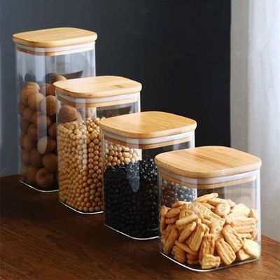 モダンデザイン 食品保管容器 竹木蓋 300ml 500mlスパイスガラスボトル