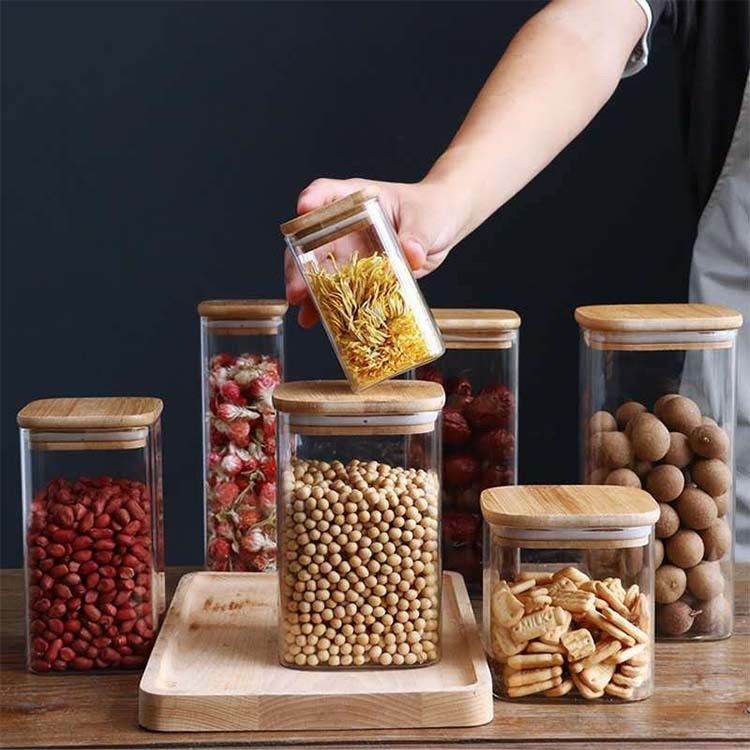 モダンデザイン 食品保管容器 竹木蓋 300ml 500mlスパイスガラスボトル